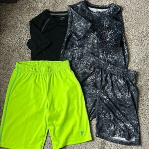 Boys' Athletic Set with Neon Green Shorts and Black Patterned Outfit